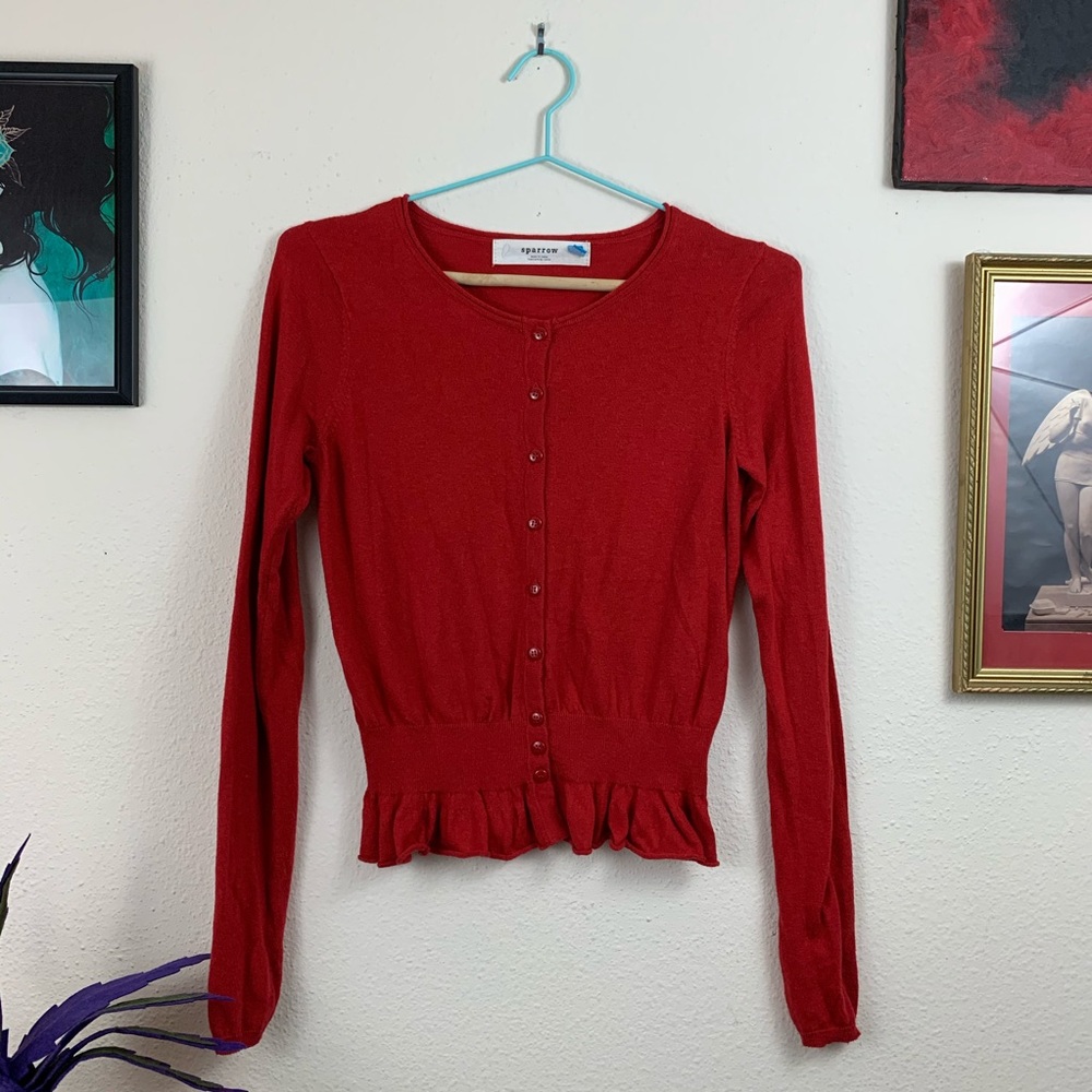 EUC Anthropologie Red Ruffle Cashmere Cardigan